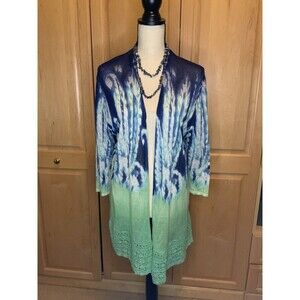 Chicos Women’s 2 US L Lightweight Blue & Green w/Lace Trim Long Sleeve Cardigan